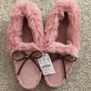 NWT-J. Crew Leather Faux Fur Shearling Moccasin Pink Brown Slippers 7-M